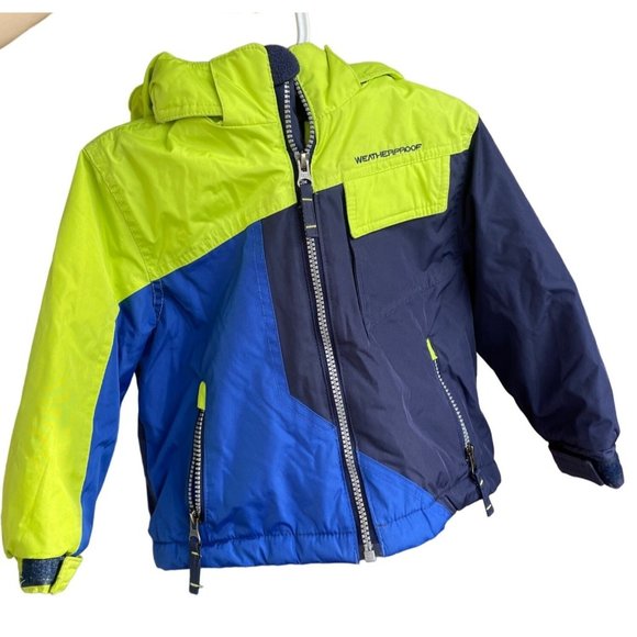 Weatherproof kids toddler jacket sz 2T neon green and blues removable hood - Picture 3 of 15